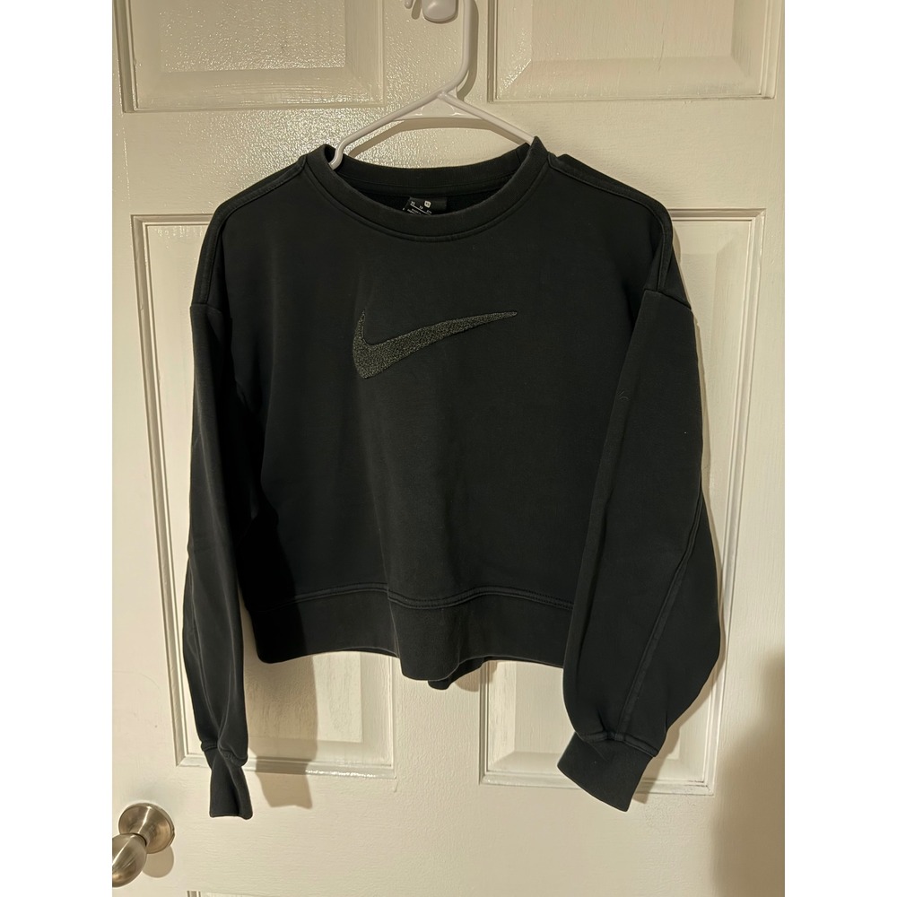 Nike Sportswear Essentials Black Cropped Fleece Sweatshirt Textured Swoosh XS